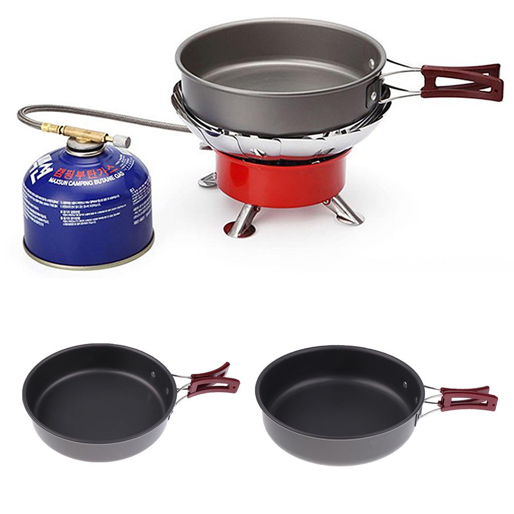 Camping Cooking Pots And Pans - กระทะทอดแบบพกพาแบบไม่ติดกระทะ ด้ามจับพับได้ หม้อทำอาหารอลูมิเนียมอัลลอยด์สำหรับเดินป่า ปิกนิกกลางแจ้ง อุปกรณ์ครัว