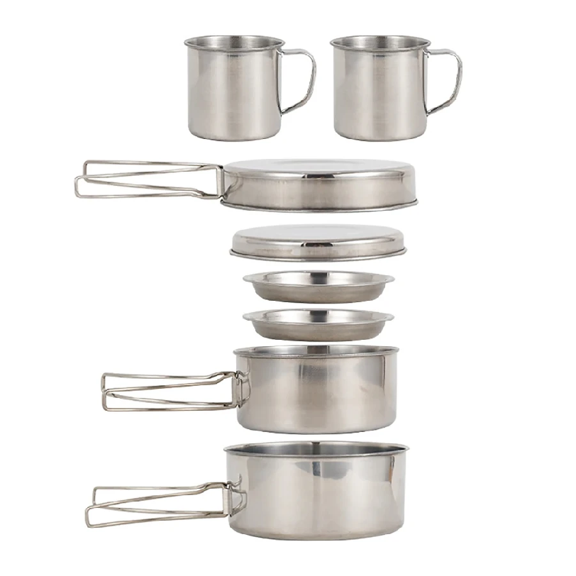 Camping Cooking Unit - 8 ชิ้น/เซ็ต ชุดเครื่องครัวสำหรับตั้งแคมป์ ชุดหม้อและกระทะสแตนเลส พร้อมจาน ถ้วย