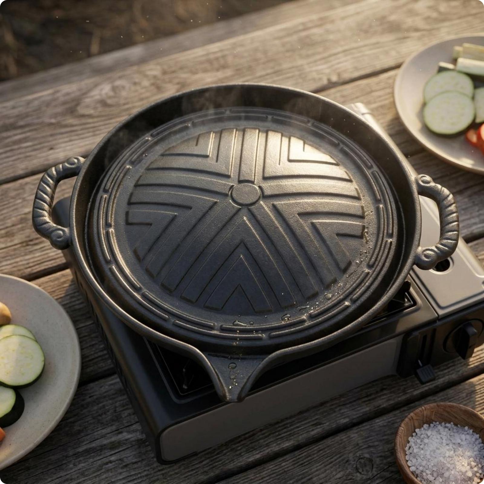 Skillet Cast Iron Camp - กระทะย่างรูปวงรีเหล็กหล่อสำหรับบาร์บีคิวกลางแจ้ง แคมป์ปิ้ง ใช้กับเตาแก๊ส กระทะทอดแบบไม่ติดกระทะ ทนทานสำหรับทำอาหารในครัว
