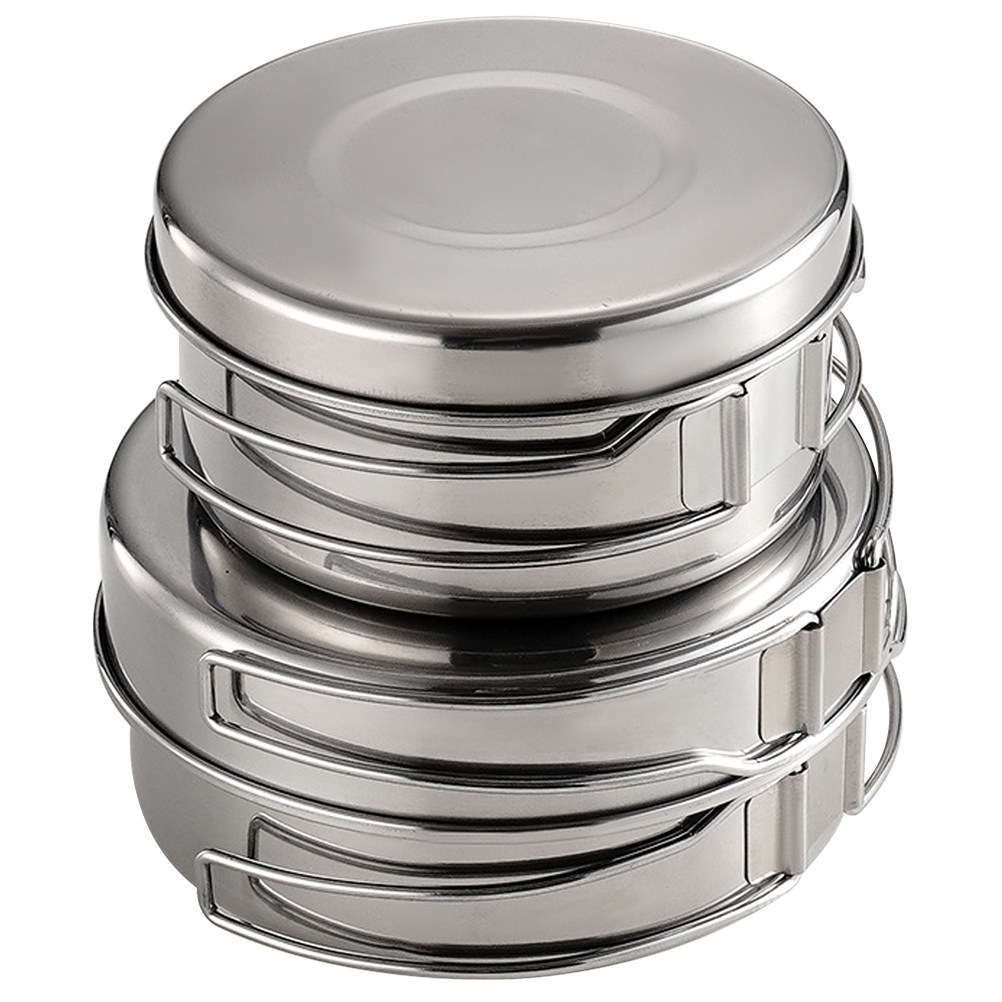 Camping Cooking Pots And Pans - ชุดเครื่องครัวสแตนเลสสำหรับตั้งแคมป์กลางแจ้ง น้ำหนักเบา พกพาสะดวก เหมาะสำหรับการเดินป่า ปิกนิก และทำอาหารขณะตั้งแคมป์