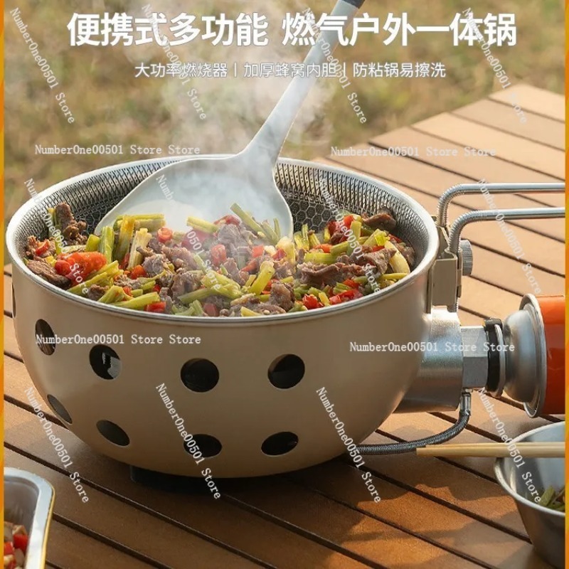 Camping Cooking Rice - หม้อปรุงอาหารกลางแจ้งแบบพกพา ชุดเตาแคมป์ปิ้งออลอินวัน สำหรับผัดข้าว เดินป่า ตกปลา