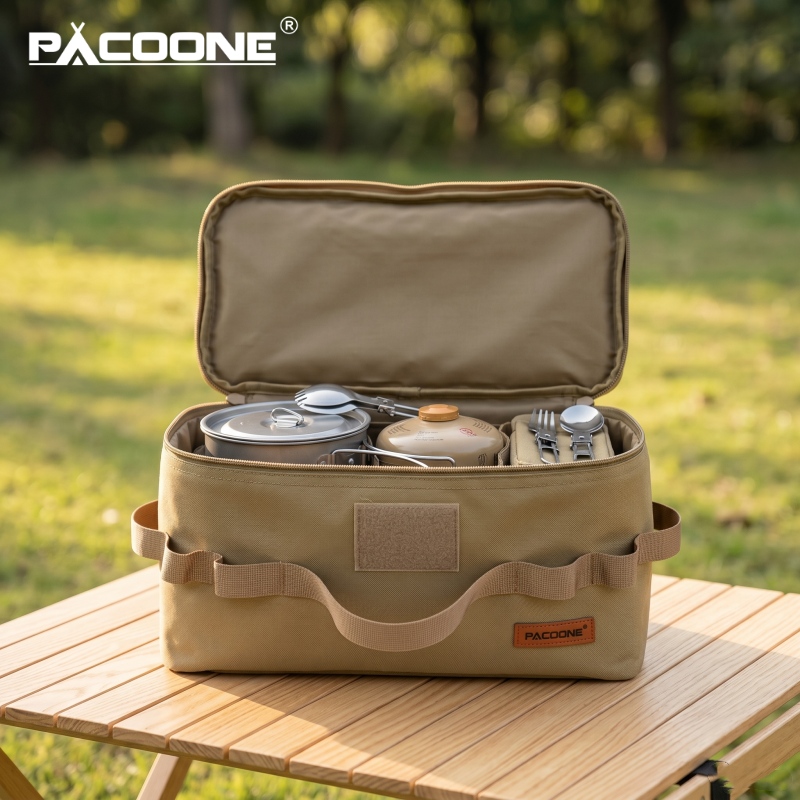 Camping Outdoor Cooking Set - PACOONE กระเป๋าเก็บของแบบพกพาสำหรับตั้งแคมป์ กระเป๋าใส่ถังแก๊สความจุขนาดใหญ่แบบมัลติฟังก์ชั่น กระเป๋าใส่อุปกรณ์ทำอาหารและเครื่องมือ