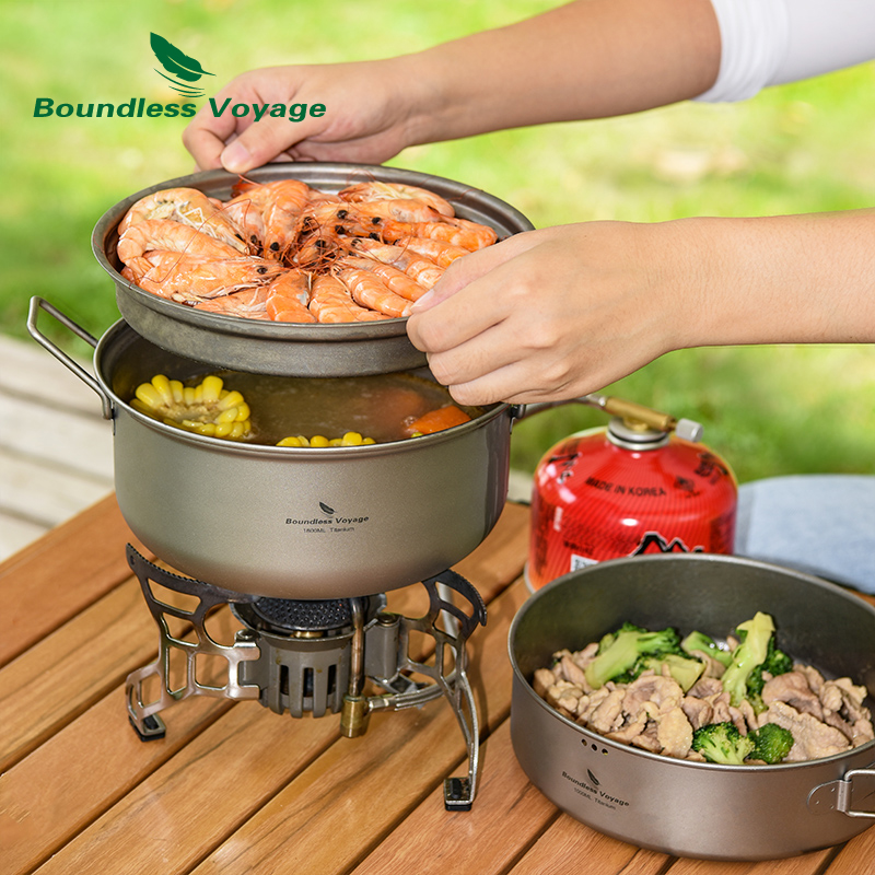 Camping Cooking Rice - Boundless Voyage ไทเทเนียม Steamer Stockpot พร้อมชุดกระทะ