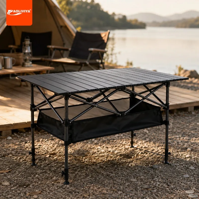 Camping Cooking Table - AOLIVIYA โต๊ะพับกลางแจ้งแบบปรับได้อย่างอิสระ โต๊ะเหล็กคาร์บอนพร้อมช่องตาข่าย สำหรับปิกนิก แผงขายของ รถยนต์