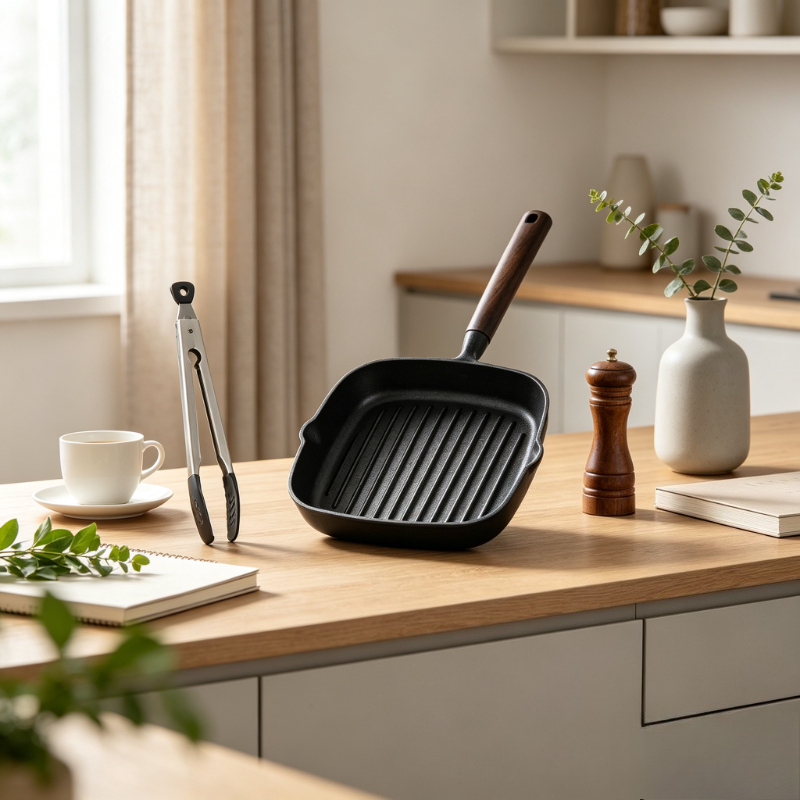 Skillet Cast Iron Camp - กระทะเหล็กหล่อสไตล์นอร์ดิกแบบไม่เคลือบผิว กระทะทอดสเต็ก ถ่ายเทความร้อนได้รวดเร็ว พร้อมด้ามจับไม้ สำหรับเตาแก๊ส บาร์บีคิว