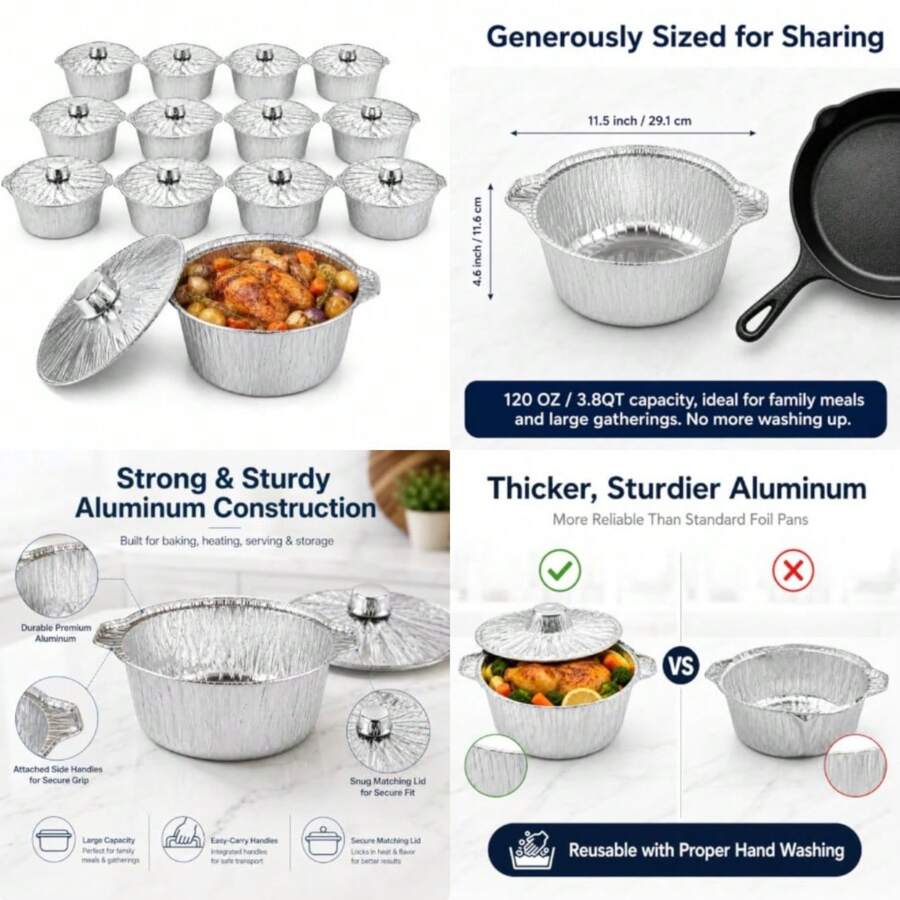 Camping Cooking Pots And Pans - ชุดหม้อใช้แล้วทิ้งพร้อมฝาปิด 12 ชิ้น, ถาดฟอยล์สำหรับการตั้งแคมป์ อบ และทำอาหาร