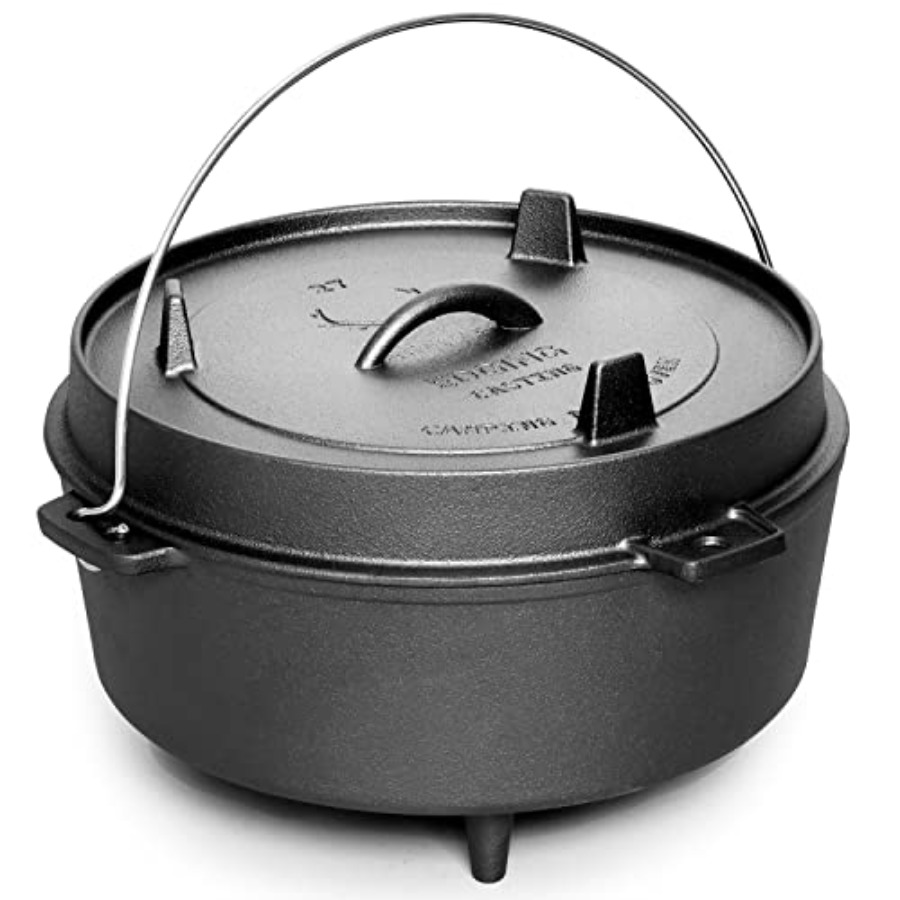 Skillet Cast Iron Camp - หม้อเหล็กหล่อเคลือบพร้อมฝาปิดแบบกระทะ สำหรับตั้งแคมป์กลางแจ้ง ใช้กับเตาไฟ ทำอาหาร ปิ้งย่าง อบขนม