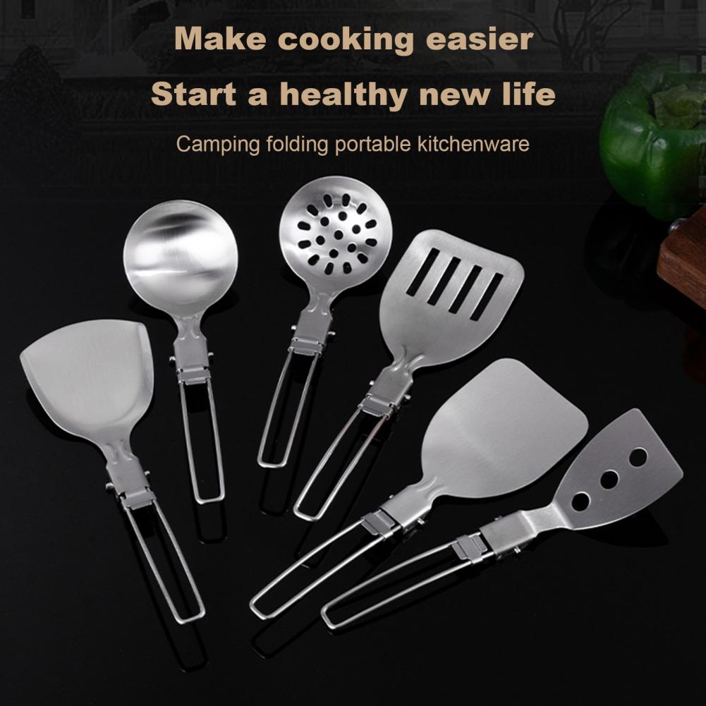 Camping Cooking Set Non Stick - ตะหลิวสแตนเลสสำหรับแคมป์ปิ้ง ชุดอุปกรณ์ทำอาหารสแตนเลสสำหรับแคมป์ปิ้ง ทนความร้อน ไม่ติดกระทะ ด้ามจับพับได้