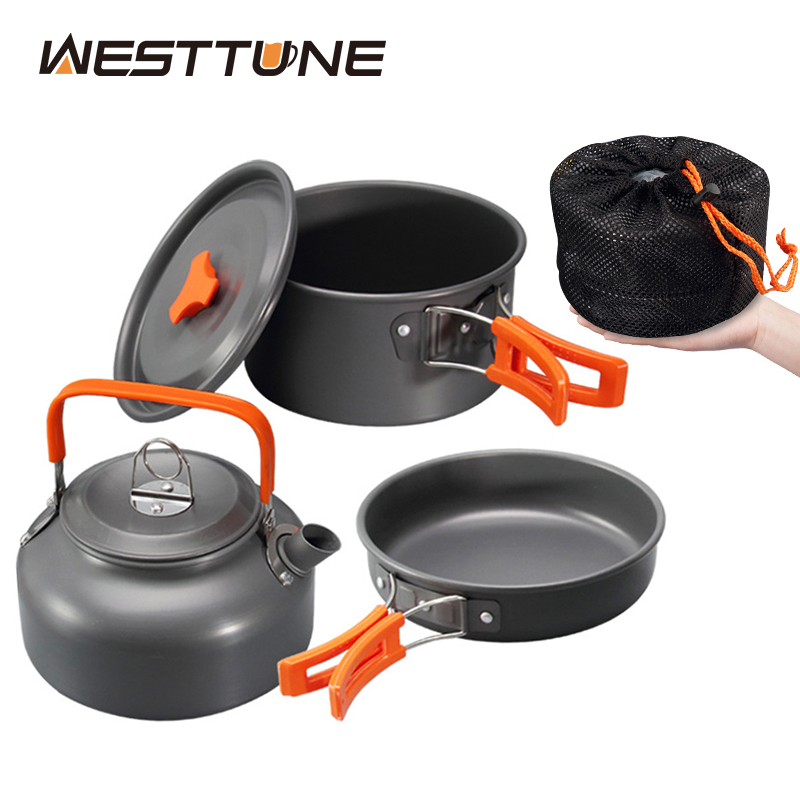 Camping Cooking Unit - WESTTUNE ชุดเครื่องครัวตั้งแคมป์อลูมิเนียมกลางแจ้งแบบพกพาชุดทําอาหารหม้อกาต้มน้ําสําหรับตั้งแคมป์บนโต๊ะอาหารเดินป่าปิคนิค 3 ชิ้น