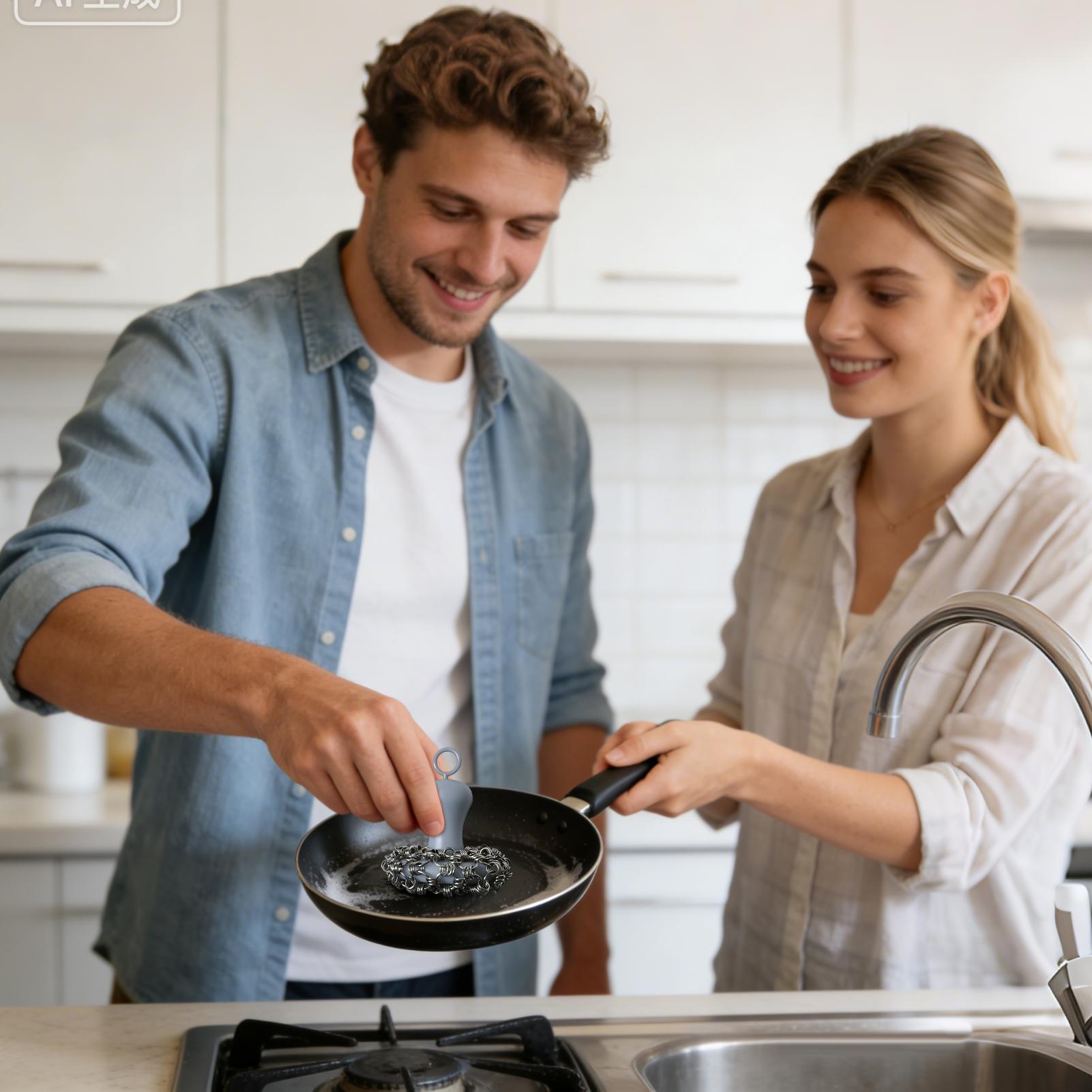 Skillet Cast Iron Camp - ที่ขัดทำความสะอาดเหล็กหล่อ รูปทรงน่ารัก ทำจากสแตนเลส สำหรับกระทะเหล็กหล่อ สำหรับเตาปิ้งย่าง ครัว