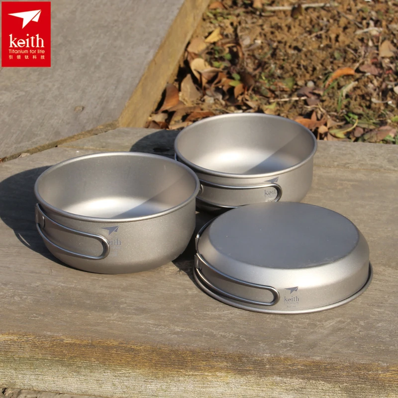 Camping Cooking Unit - Keith 3PCS ไทเทเนียมเครื่องครัวกระทะชามชุดพับ Cook ชุดเดินทางกลางแจ้งการล่าสัตว์ตั้งแคมป์ชุดทําอาหาร Ti6053
