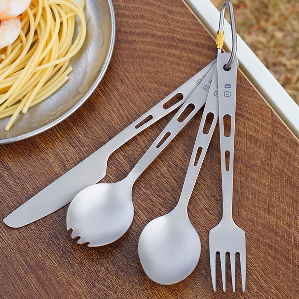 Camping Outdoor Cooking Set - ช้อนด้ามยาวไทเทเนียม สำหรับตั้งแคมป์กลางแจ้ง ชุดเครื่องครัวไทเทเนียมน้ำหนักเบา ส้อม EDC อุปกรณ์ปิกนิกกลางแจ้งรักษาสิ่งแวดล้อม