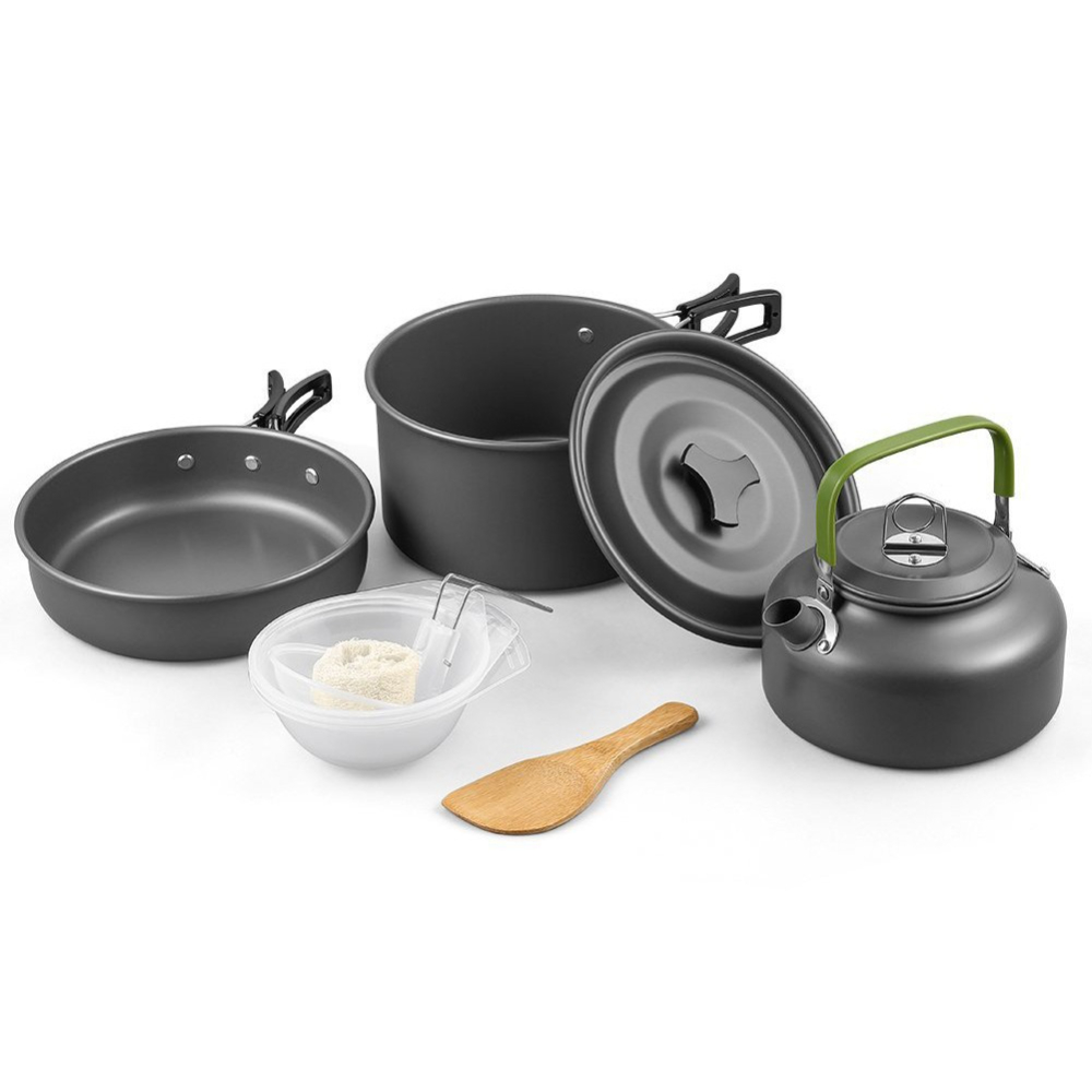 Camping Cooking Set Non Stick - ชุดเครื่องครัวสำหรับตั้งแคมป์กลางแจ้ง อลูมิเนียม หม้อเคลือบกันติด พกพาสะดวก ชุดภาชนะสำหรับทำอาหาร กาต้มน้ำ