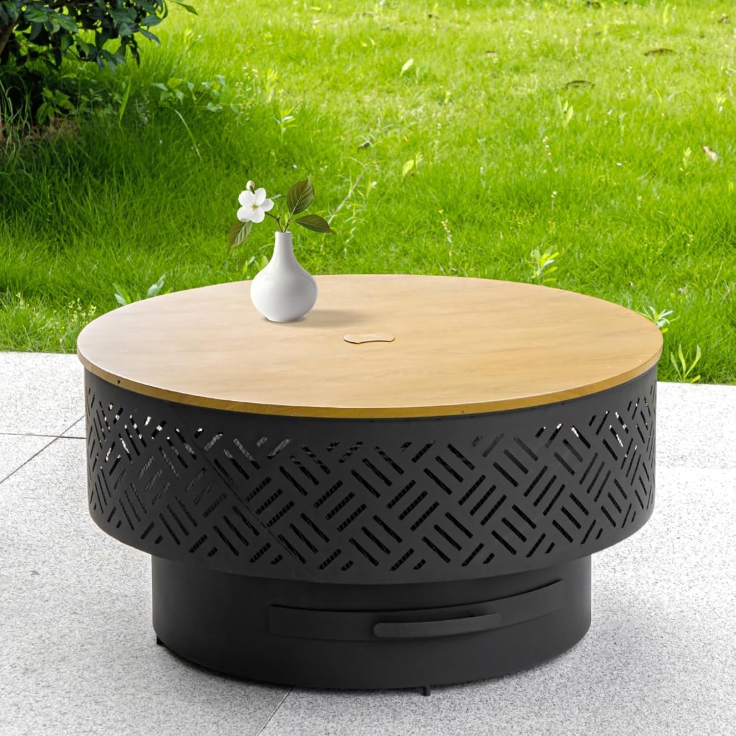 Camping Cooking Table - โต๊ะเตาไฟทรงกลมขนาด 32 นิ้ว ทำจากโลหะสำหรับเผาไม้ พร้อมฝาปิดเตาย่างบาร์บีคิว ที่ตักไฟ