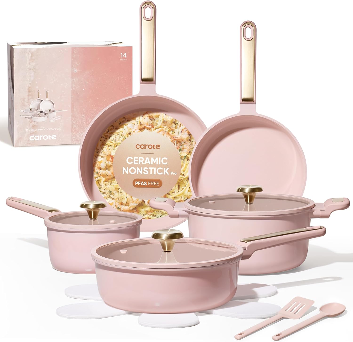 Camping Cooking Set Non Stick - ชุดเครื่องครัวเซรามิกกันติด 14 ชิ้น หม้อและกระทะ ปราศจากสารพิษและ PFAS