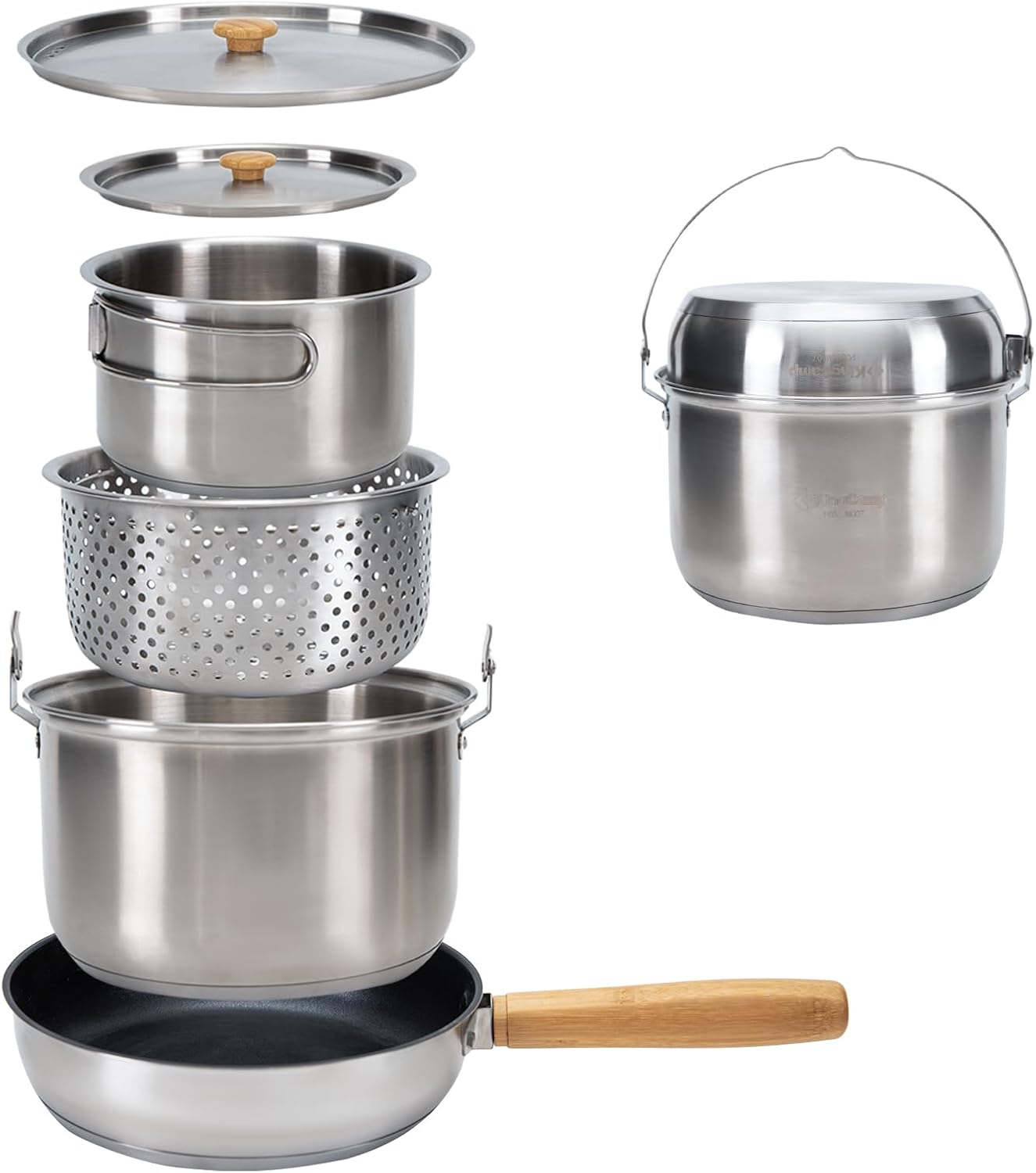 Camping Cooking Pots And Pans - ชุดเครื่องครัวแคมป์ปิ้งสแตนเลส 304 - หม้อ กระทะ และกาต้มน้ำสำหรับทำอาหารบนกองไฟ