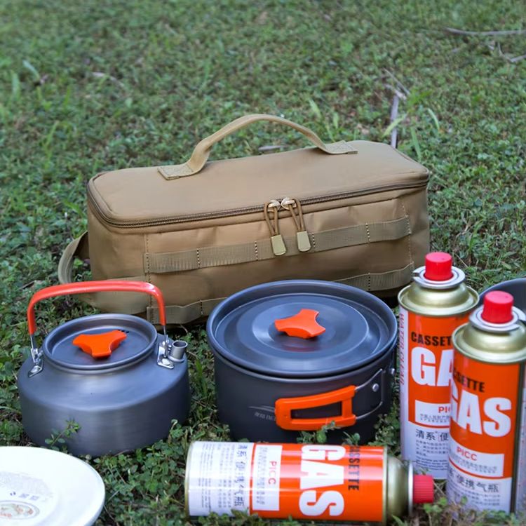 Camping Outdoor Cooking Set - กระเป๋าเก็บเครื่องครัวผ้าอ็อกซ์ฟอร์ด, ซิปคู่, มีหูหิ้ว, ความจุขนาดใหญ่, สำหรับการตั้งแคมป์เดินป่า
