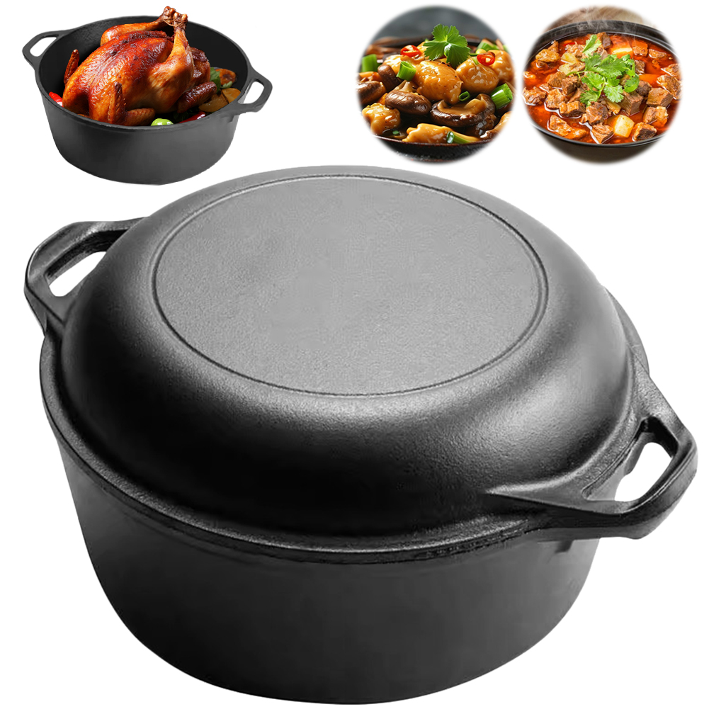 Skillet Cast Iron Camp - 2 in 1 เหล็กหล่อภาษาดัชคําเตาอบพร้อมฝาปิดกระทะเครื่องครัวชุดกระทะสําหรับทอดขนมปังเบเกอรี่ Camping BBQ