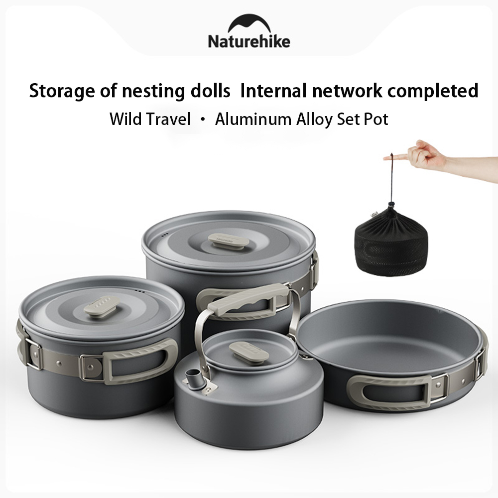 Camping Cooking Pots And Pans - Naturehike ชุดหม้อกลางแจ้ง,อุปกรณ์ทําอาหารตั้งแคมป์,กระทะสแตนเลสแบบพกพาแขวนหม้อ,เดินป่าปิกนิกบนโต๊ะอาหาร